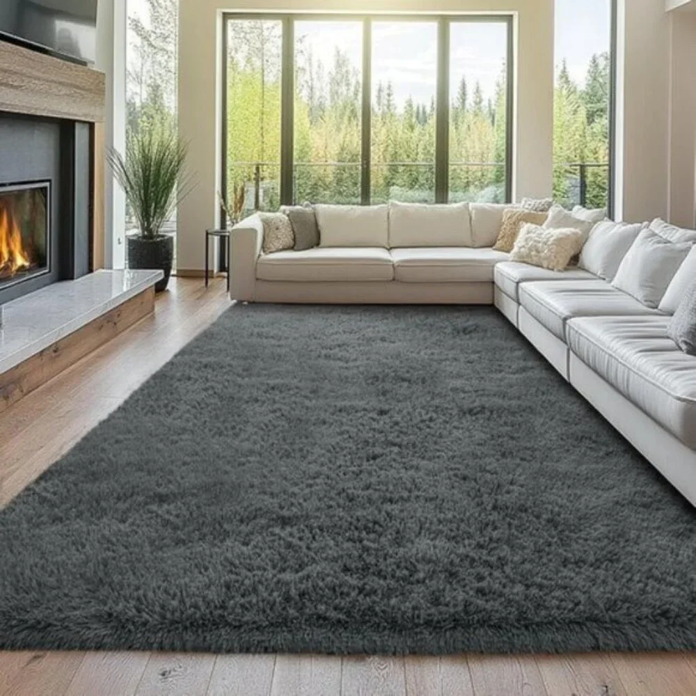 New Fluffy 8x10 Grey Area Rug, Soft Shag Carpet for Home & Bedroom Decor